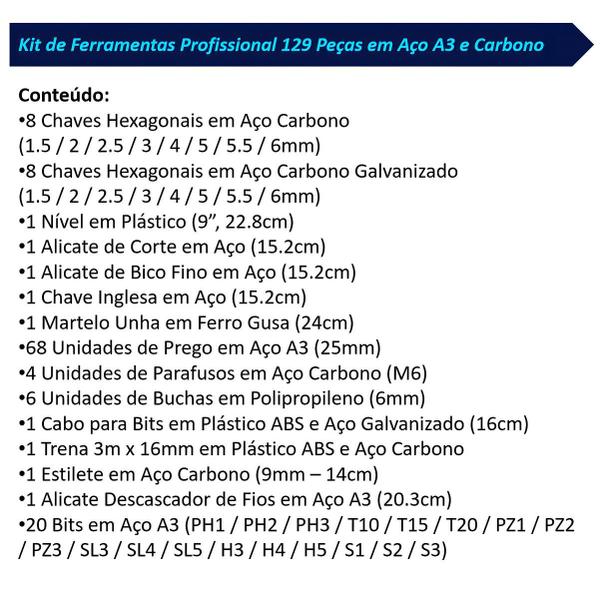 Maleta de Ferramentas Completa 129 Peças Profissional em Aço Carbono e Galvanizado - 123Útil Imagem de Maleta de Ferramentas Completa 129 Peças Profissional em Aço Carbono e Galvanizado
