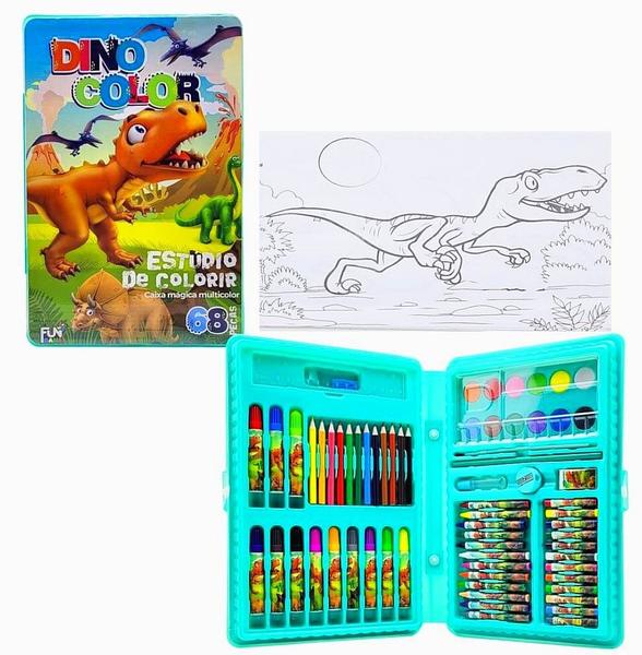 Imagem de Maleta de Pintura Infantil Estojo Escolar Colorir e Desenhar Kit Com 68 Peças Dinossauro