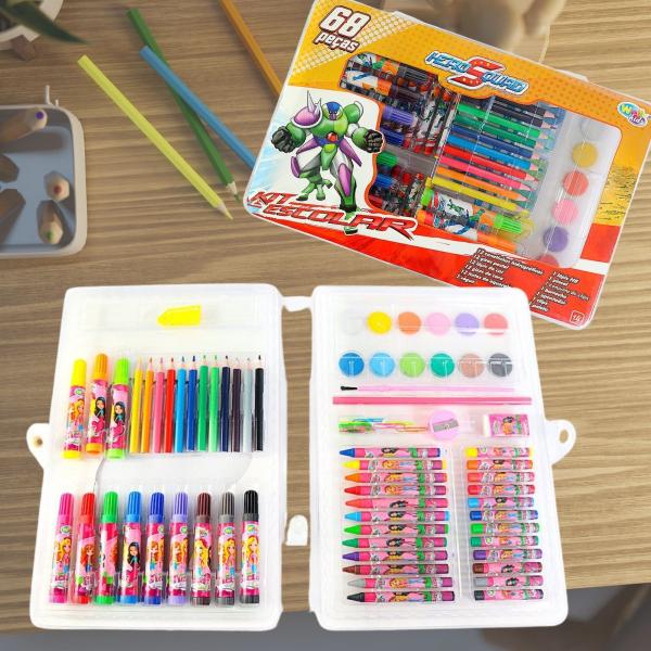 Imagem de Maleta Estojo Kit Escolar Pintura Infantil Completo com 68 Peças Giz de Cera Canetinha Tinta Aquarela Hero Squad