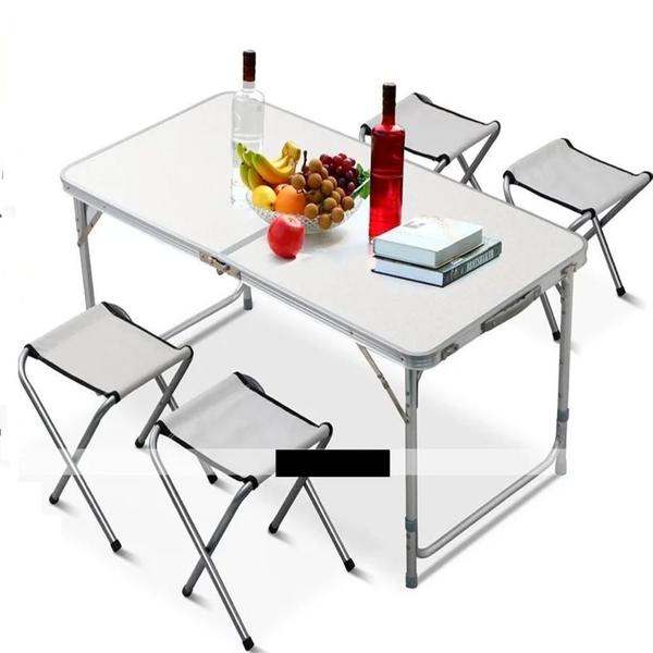 Imagem de Maleta mesa dobrável alumínio portátil 4 cadeiras grande 120x60cm altura ajustável camping praia banquinhos