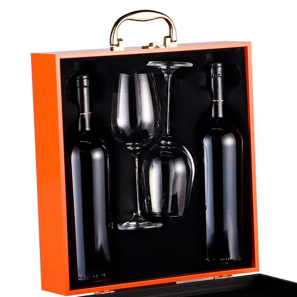 Imagem de Maleta Porta Vinho Em Madeira Kit com Duas Taças Cor Laranja Luxo Modelo Chateau