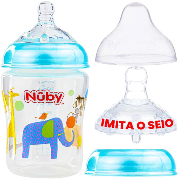 Imagem de Mamadeira 270ML Bico Largo PREMIUM Anticólica Bebê que Imita Seios Peito da Mãe Rosa Azul Nuby