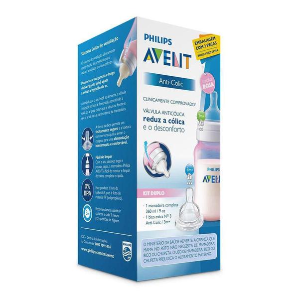 Mamadeira Anti-colic Rosa 260ml + Bico Nº3 - Philips Avent Imagem de Mamadeira Anti-colic Rosa 260ml + Bico Nº3 - Philips Avent
