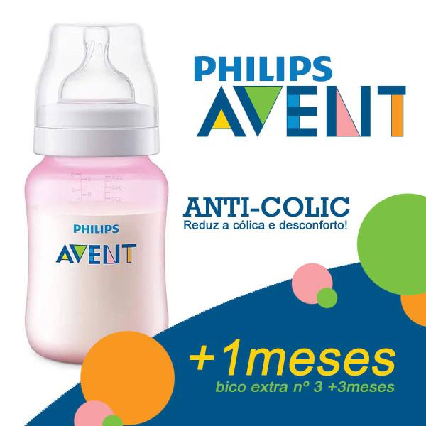Mamadeira Anti-colic Rosa 260ml + Bico Nº3 - Philips Avent Imagem de Mamadeira Anti-colic Rosa 260ml + Bico Nº3 - Philips Avent