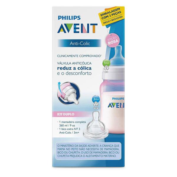 Mamadeira Anti-colic Rosa 260ml + Bico Nº3 - Philips Avent Imagem de Mamadeira Anti-colic Rosa 260ml + Bico Nº3 - Philips Avent
