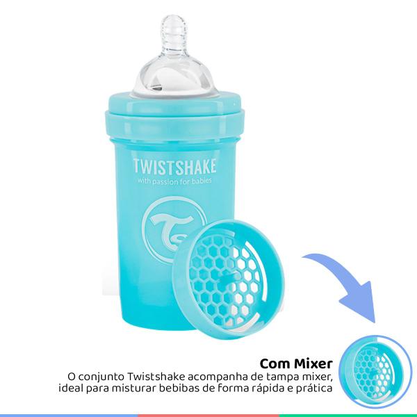 Imagem de Mamadeira Bebê Bico de Silicone +0M Infantil 180ml Antivazamento Com Recipiente Leite em Pó 100ml Mixer Azul Twistshake