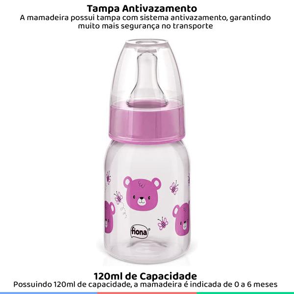 Imagem de Mamadeira Bebê Com Bico Silicone Anatômico Tampa Anti-Vazamento 120mL +0 Meses Urso Rosa Fiona