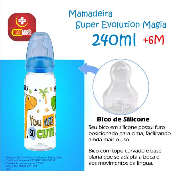 Imagem de Mamadeira Lillo Magia 240ml Bico silicone anatomico cor Azul Dino crianças maiores que 6 meses