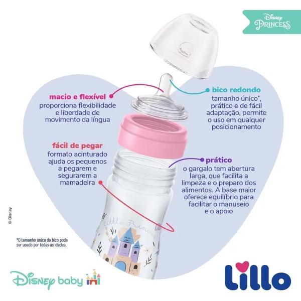 Imagem de Mamadeira Lillo Super Evolution Princess 300ml Disney Baby 6+ Meses Bico Redondo Silicone Princesas