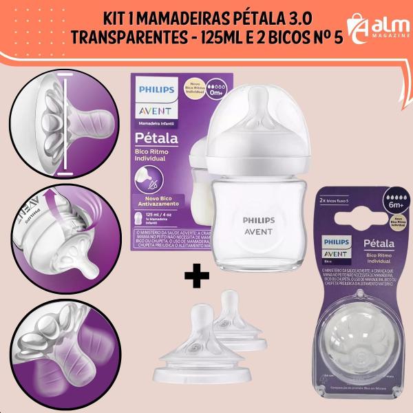 Imagem de Mamadeira pétala 3.0 125ml transparente Philips Avent + 02 bico n5 extra 6 meses+