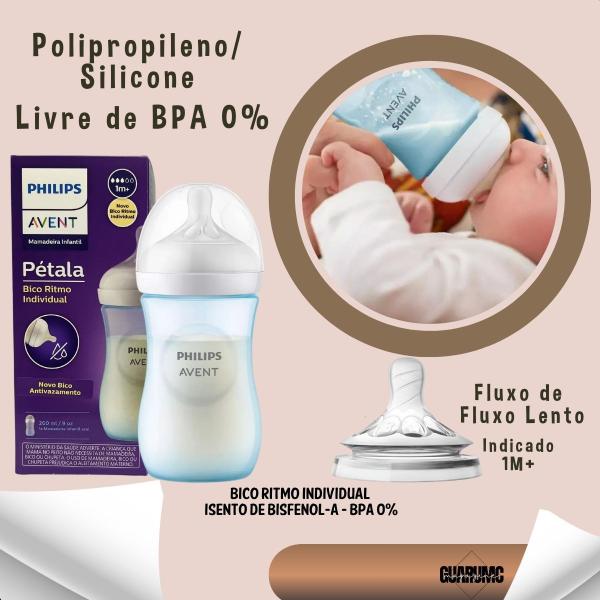 Imagem de Mamadeira Pétala 3.0 260ml Azul Philips Avent + 02 bico n5 6 meses bebê