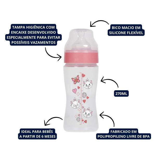 Imagem de Mamadeira Wide Neck com Tampa Higiênica Gatinha Marie 270ml Disney BabyGo