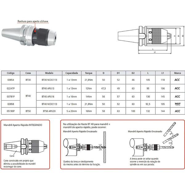 Imagem de Mandril Aperto Rápido Integrado Modelo BT40 APU13 - MAS 403 BT