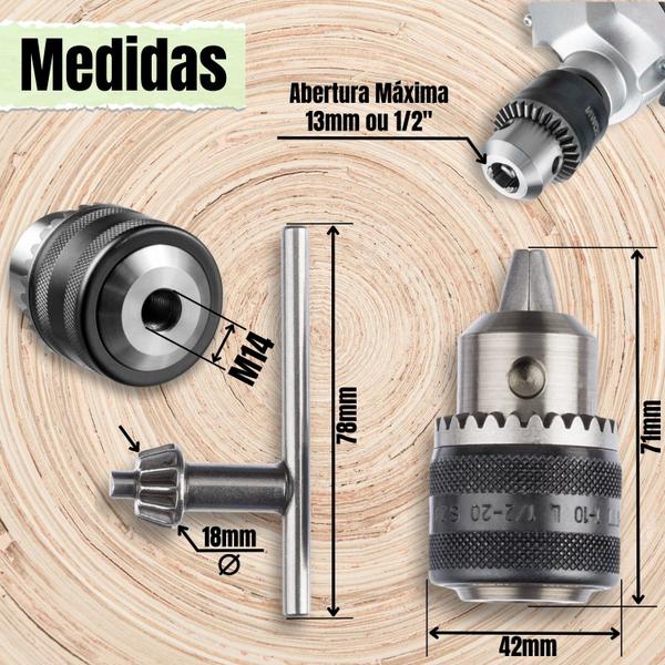 Imagem de Mandril com Chave Rosca M14 Universal 1,5-13mm Castanhas Reforçado Taladro Esmerilhadeira Lixadeira Pneumática Elétrica Bateria Broca 