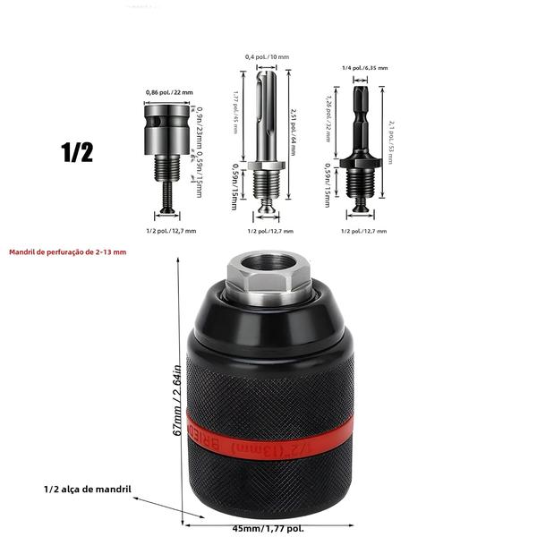 Imagem de Mandril de Broca Sem Chave com Rosca de 13mm e Haste Hexagonal SDS