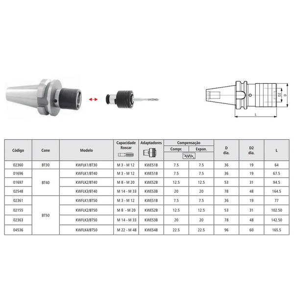 Imagem de Mandril Flutuante Troca Rápida KWFLK1/BT40 - Cap. M3 - M12