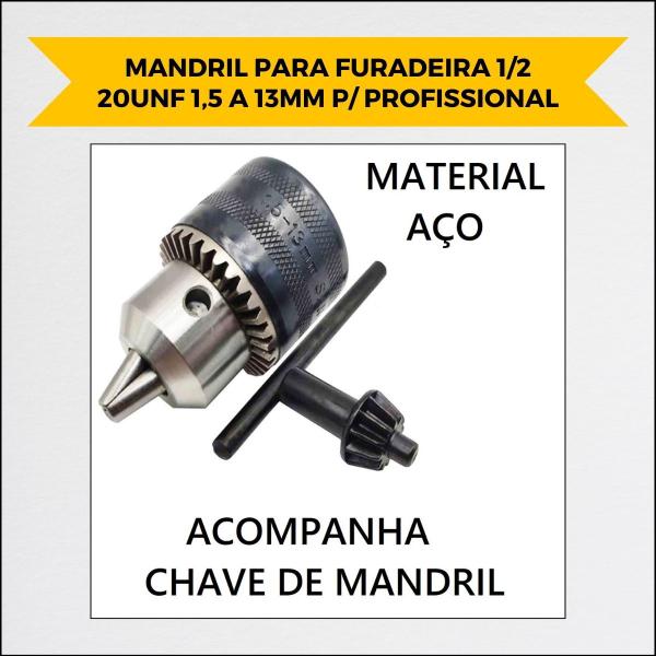 Imagem de Mandril Para Furadeira 1/2 20unf 1,5 A 13mm P/ Profissional