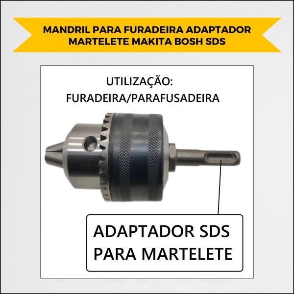 Imagem de Mandril Para Furadeira Parafusadeira 1/2 Polegadas 20Unf  Adaptador Sds Plus Martelete Compativel Makita Bosch Dewalt