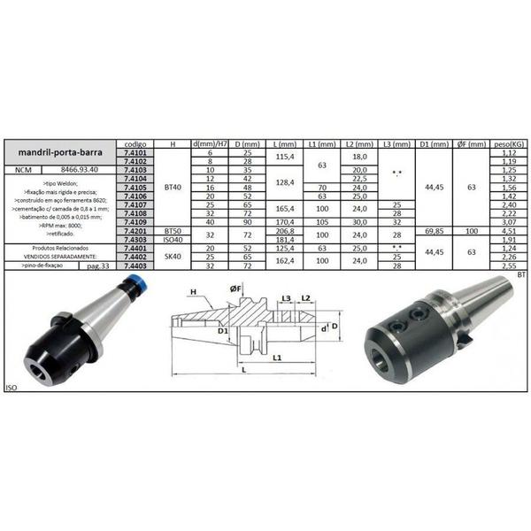 Imagem de Mandril Porta Barra SK40 20 mm - JG TOOLS