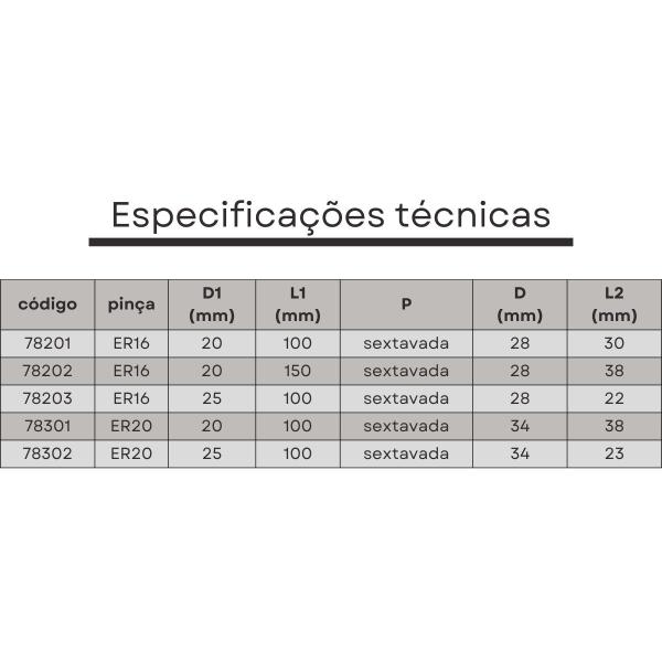 Imagem de mandril porta pinças er16 haste paralela 20x100 mm