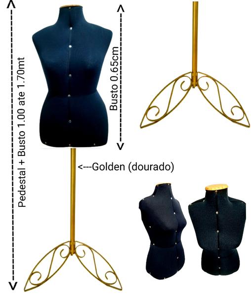 Imagem de Manequim feminino adulto (Busto costureira M.40) Preto com pedestal retro na cor Golden