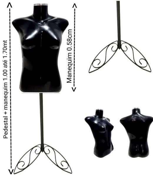 Imagem de Manequim feminino adulto (Busto Slim P.36) com tampa de metal + pedestal retro na cor preto