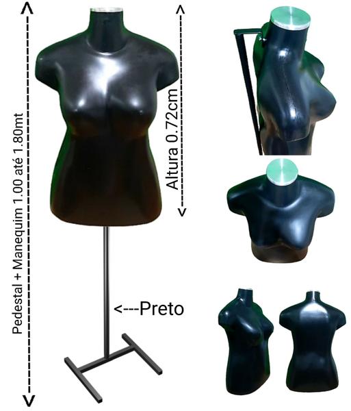 Imagem de Manequim feminino (Busto plus size GG N.46) preto com tampa de metal + pedestal H na cor preto.