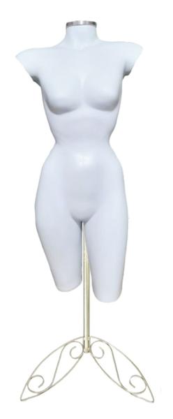 Imagem de Manequim feminino (Meio corpo cinturinha N.36) branco com tampa + pedestal retro na cor prata.