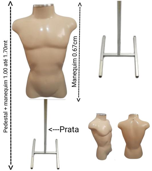 Imagem de Manequim masculino adulto (Busto definido M) bege com tampa + pedestal H na cor prata.