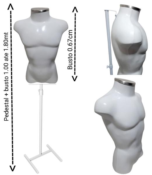 Imagem de Manequim masculino adulto (busto definido M) com tampa de metal + pedestal na cor branco.