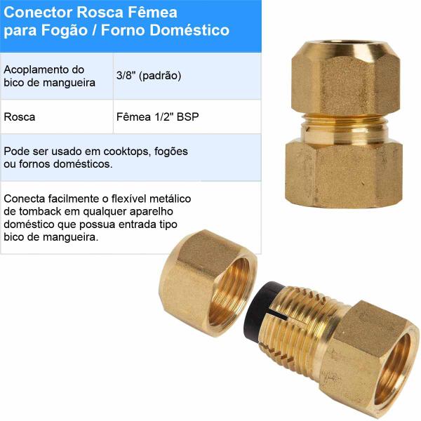 Imagem de Mangueira de Cobre Gás Encanado 1,0m (Flexível de Tomback NBR 14177) + Adaptador para Fogão ou Forno + Registro Esfera 1/2"