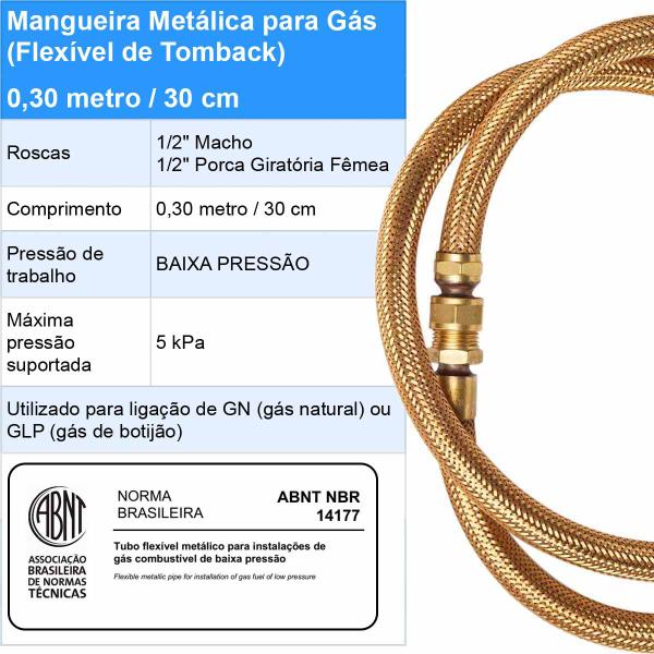 Imagem de Mangueira de Cobre Gás Encanado 30cm (Flexível Metálico de Tomback 1/2 x 300mm - NBR 14177)