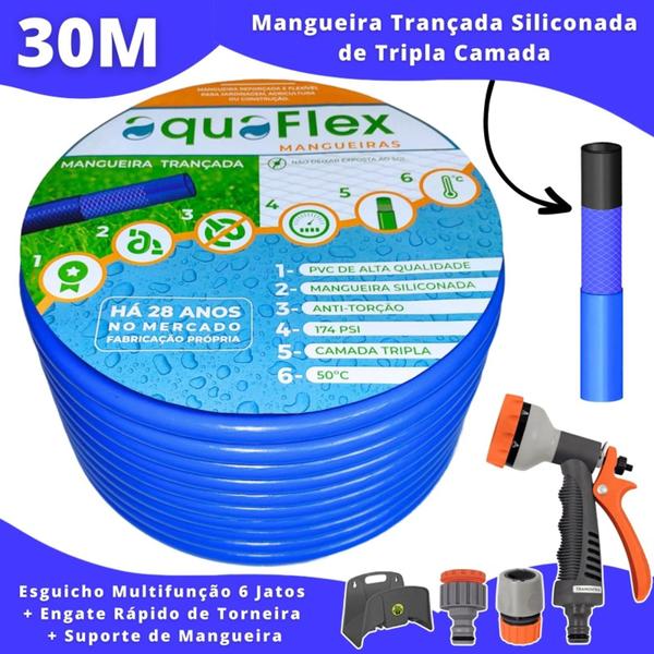 Imagem de Mangueira de Jardim Trançada Antitorção 30 Mt AquaFlex Azul com Suporte + Esguicho Multifunção
