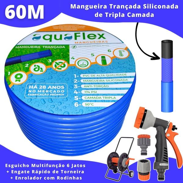 Imagem de Mangueira de Quintal Trançada Antitorção 60M AquaFlex Azul com Carrinho Enrolador
