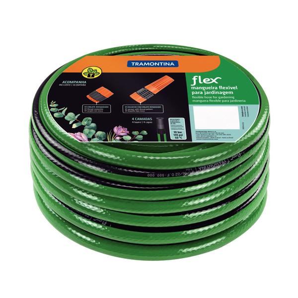 Imagem de Mangueira Flex para Jardim Tramontina Verde com Faixa Preta em PVC 4 Camadas 25 m com Engate Rosquea