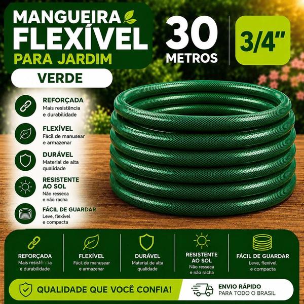 Mangueira Jardim 30 Metros 3/4 Verde Trançada Reforçada Flexível Anti Dobra Irrigação Quintal Lavagem Durável - Force Line