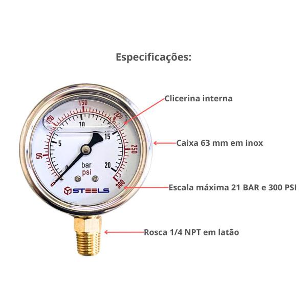 Imagem de Manômetro Glicerinado 300 Psi Rosca 1/4 Npt 63 Mm Inox