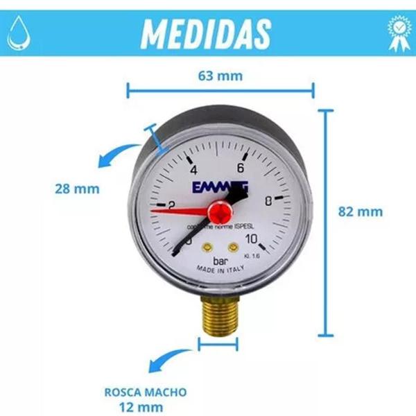 Imagem de Manômetro Reto 63mm Agua Pressão - 0-10 Bar - 1/4 - Emmeti