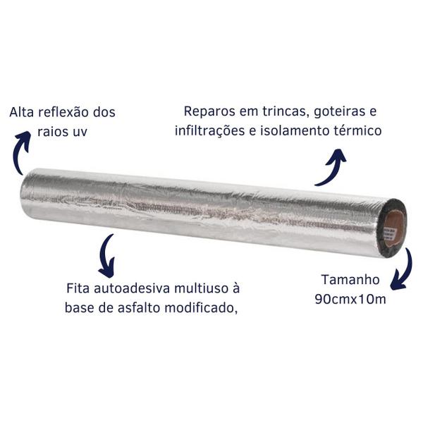 Imagem de Manta Asfáltica Aluminizada Adesiva Telhado Laje 90 cm x 10m Dryko Fita Térmica Impermeabilizante Baú Caminhão Telha