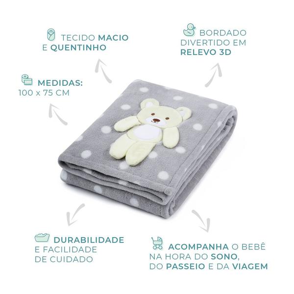 Imagem de Manta Cobertor Infantil para Bebê Macio Poá Ursinho Bordado em 3D - Loaní