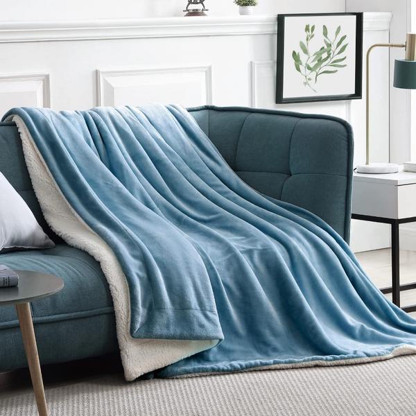 Imagem de Manta de lã Walensee Sherpa (King Size 108"x90" Slate Blue) Pelúcia Jogue Cobertores de Flanela Super Macia Reversível Super Macia para Sofá, Cama, Sofá Ultra Luxuoso Quente e Aconchegante para Todas as Estações