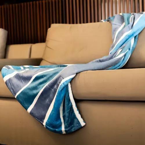 Imagem de Manta Microfibra Flannel Conforto Casal Listrado 180x200cm Cor Azul