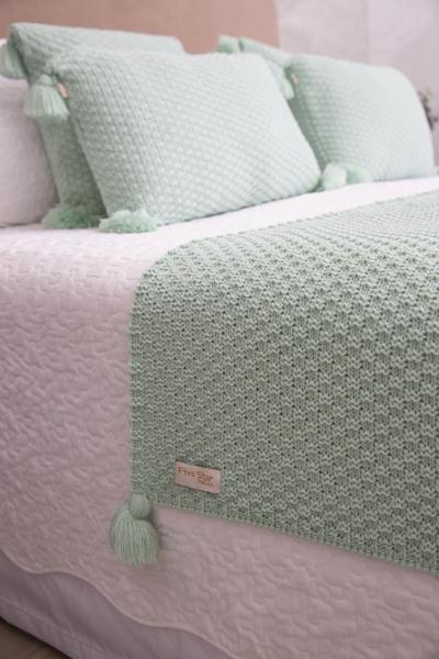 Imagem de Manta Sofa Sala Cama Casal Tricot Pompom 180X60 Verde Menta