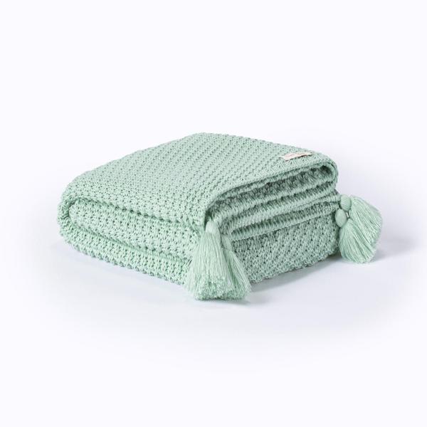 Imagem de Manta Sofa Sala Cama Casal Tricot Pompom 180X60 Verde Menta