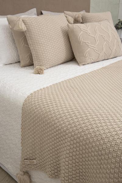 Imagem de Manta Sofa Sala E Cama Casal Tricot Pompom 180X90 Bege