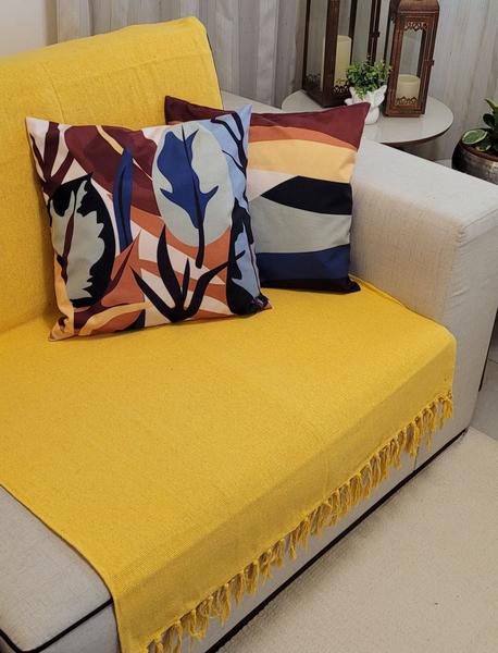 Imagem de Manta Xale para sofá / cama 1,5x2,2m AMARELO tear artesanal decorativa protetora