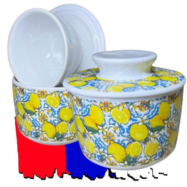 Imagem de Manteigueira Francesa Decorada Limoncello italiano Azul Porcelana Resistente conserva manteiga sempre cremosa sem precisar de geladeira