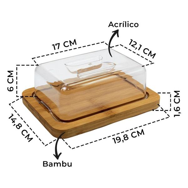 Imagem de Manteigueira Porta Manteiga Retangular Base Bambu Tampa Acrílica