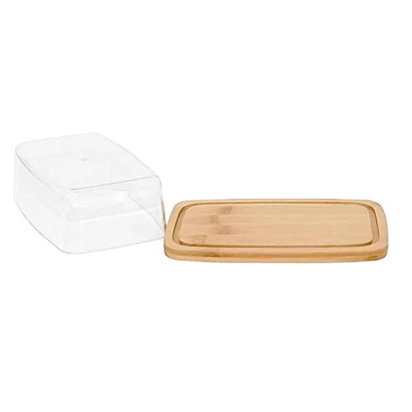 Imagem de Manteigueira porta queijo queijeira acrílico recipiente utensílio em bambu profissional tampa plastico transparente