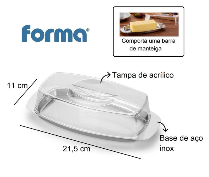 Imagem de Manteigueira Pote Para Guardar Manteiga Na Geladeira Servir Mesa Base De Aço Inox Cúpula De Acrílico